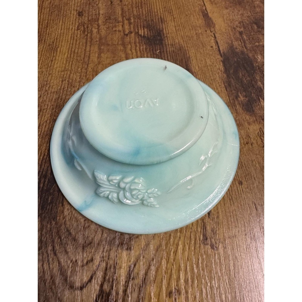 Vintage 70's Avon Aqua Milk Glass Vanity Bowl Floral Trinket Tray Jewelry Dish - Picture 7 of 14